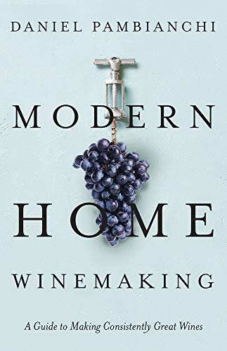 Book cover: grapes with a wine corkscrew, titled “Modern Home Winemaking.”