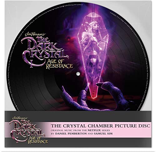 The Dark Crystal Age of Resistance picture disc vinyl featuring a glowing crystal and characters.