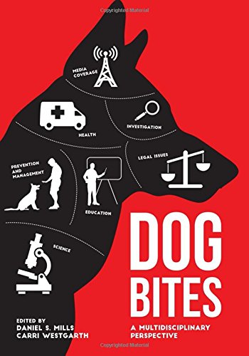 Book cover: dog silhouette with icons representing aspects of dog bites.
