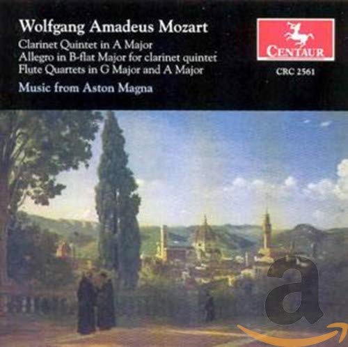CD cover: landscape painting with figures, text listing Mozart compositions.