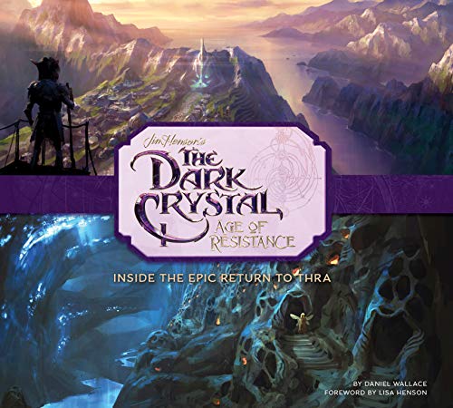 Book cover for "The Dark Crystal: Age of Resistance" with fantasy landscape.