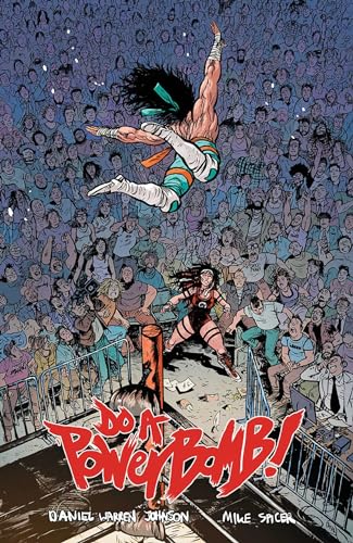 A wrestler leaps above a crowd toward another wrestler in a comic book cover.