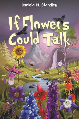 Book cover with anthropomorphic flowers, birds, and a mountainous landscape.