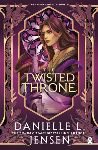 Book cover: woman with long hair, castle, ornate purple and gold frame.
