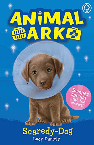 Book cover: brown puppy wearing a plastic cone, titled "Scaredy-Dog.