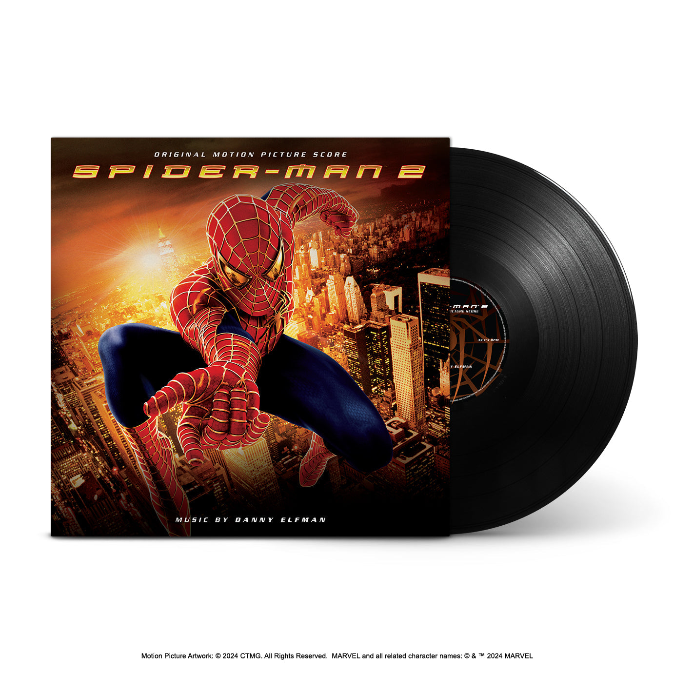 Spider-Man 2 vinyl record featuring Spider-Man against a city backdrop.