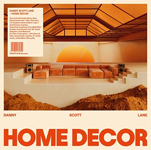 Vinyl cover art featuring a surreal orange room with a couch and sunset.