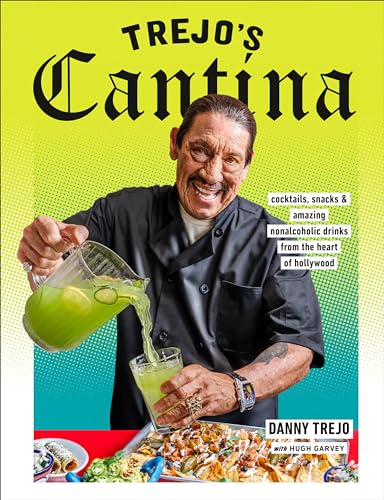 Danny Trejo pouring a yellow drink, cookbook cover with food visible.