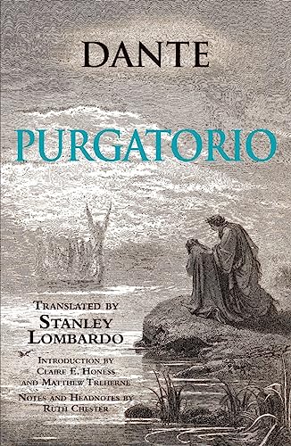 Book cover of “Purgatorio” with illustration of figures in a landscape.