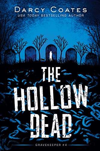 Book cover: graveyard with silhouetted figure, dark blue and black tones.