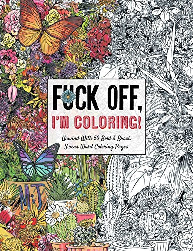 Coloring book cover with floral designs, butterflies, and bold text: "FUCK OFF, I'M COLORING!
