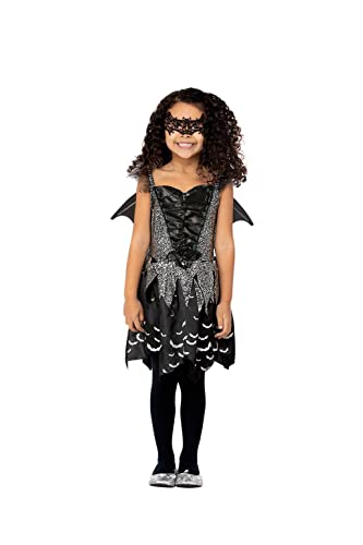 Child in a black bat fairy costume with wings and mask.