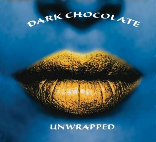 Gold lips centered on a blue background with the text Dark Chocolate Unwrapped.
