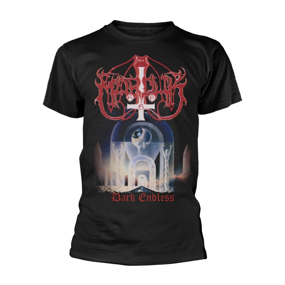 Black t-shirt with a red and white gothic-style band logo and illustration.