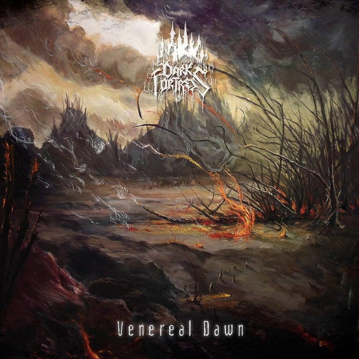 Dark Fortress album cover: a desolate, stormy landscape with a fortress.