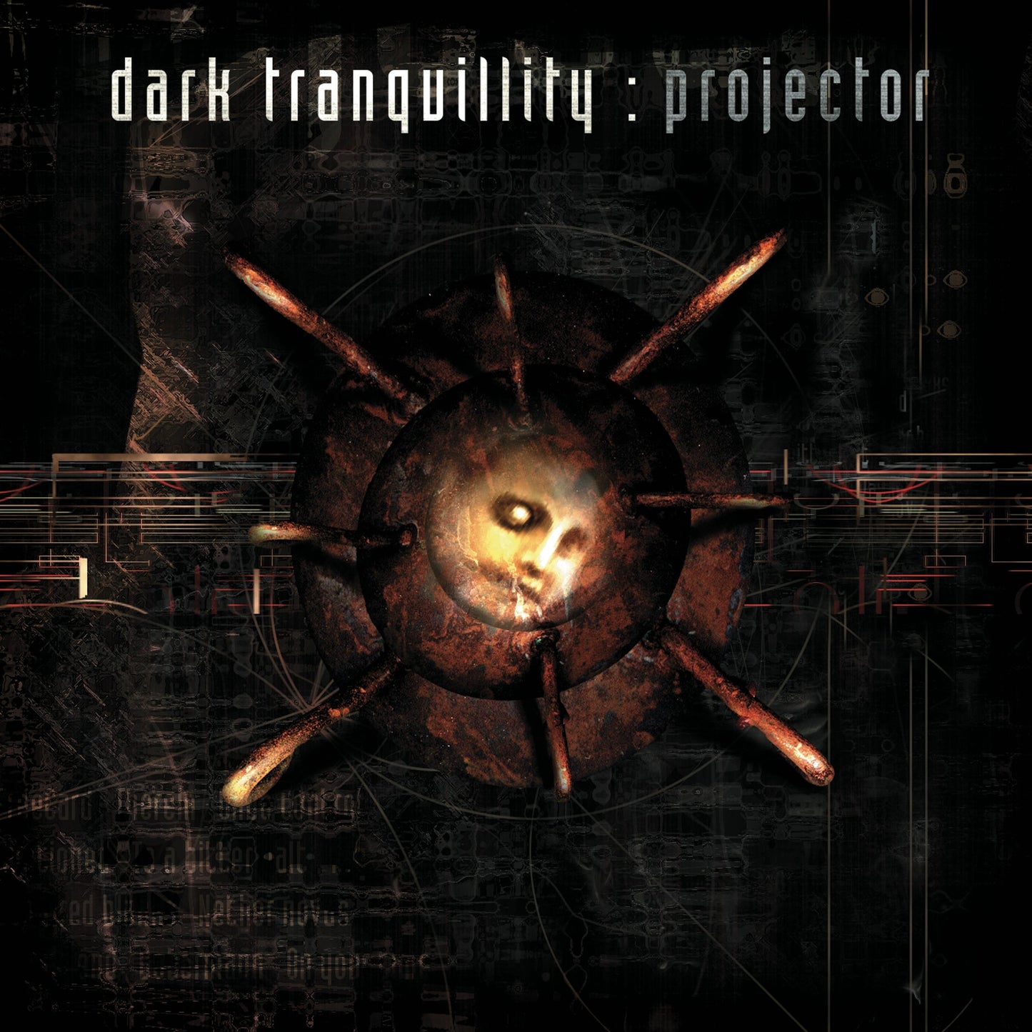 Dark Tranquillity “Projector” vinyl album cover with a metallic face image.