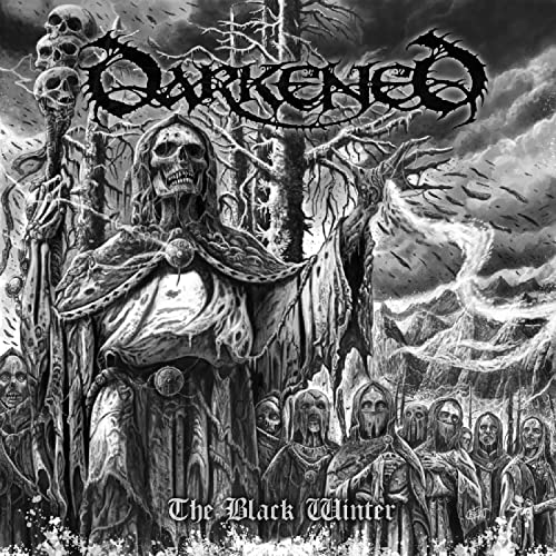 Black and white album cover depicting a skeletal figure in a winter landscape.