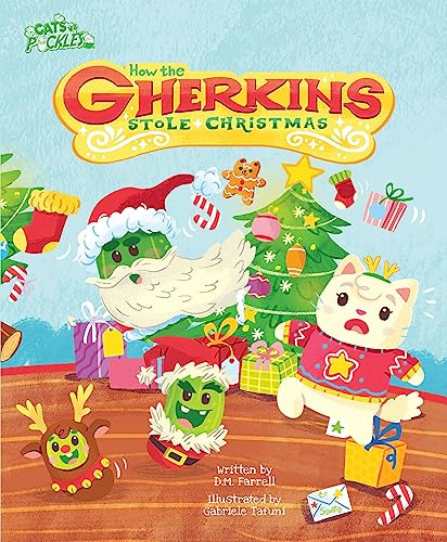 Book cover featuring cartoon pickles dressed as Santa and a cat near a tree.