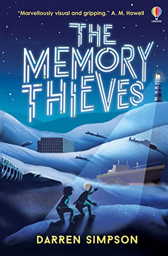 Book cover: “The Memory Thieves” with children near a lighthouse.