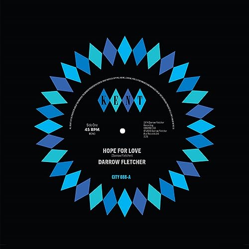 Black vinyl record label with blue diamond border, text reading Hope For Love Darrow Fletcher.