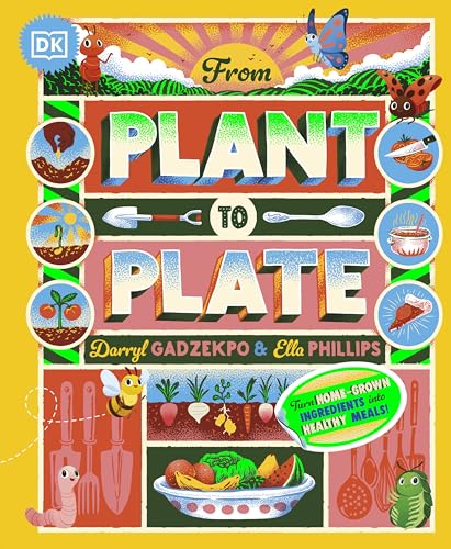 Book cover: illustrated garden, produce, cooking tools, and insects.