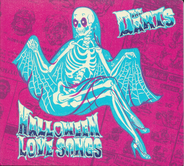 Album cover: blue skeleton illustration on a bright pink background.