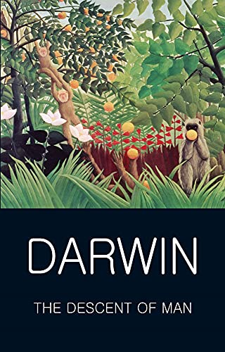 Book cover: "The Descent of Man" with monkeys in a lush jungle.