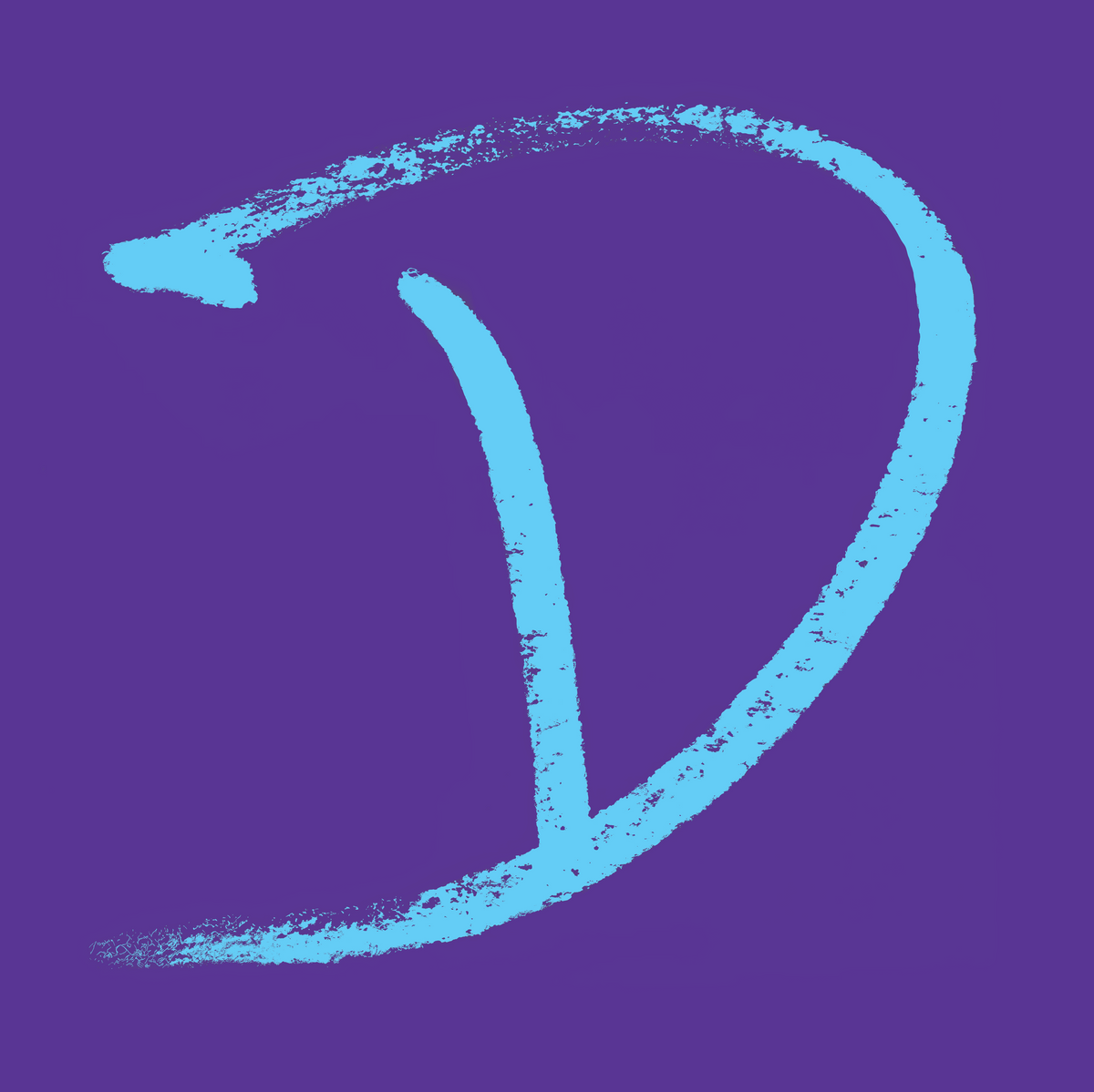 Blue, brushstroke-style letter "D" on a purple background.