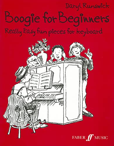 Boogie for Beginners" book cover with sketched illustration of piano lesson.