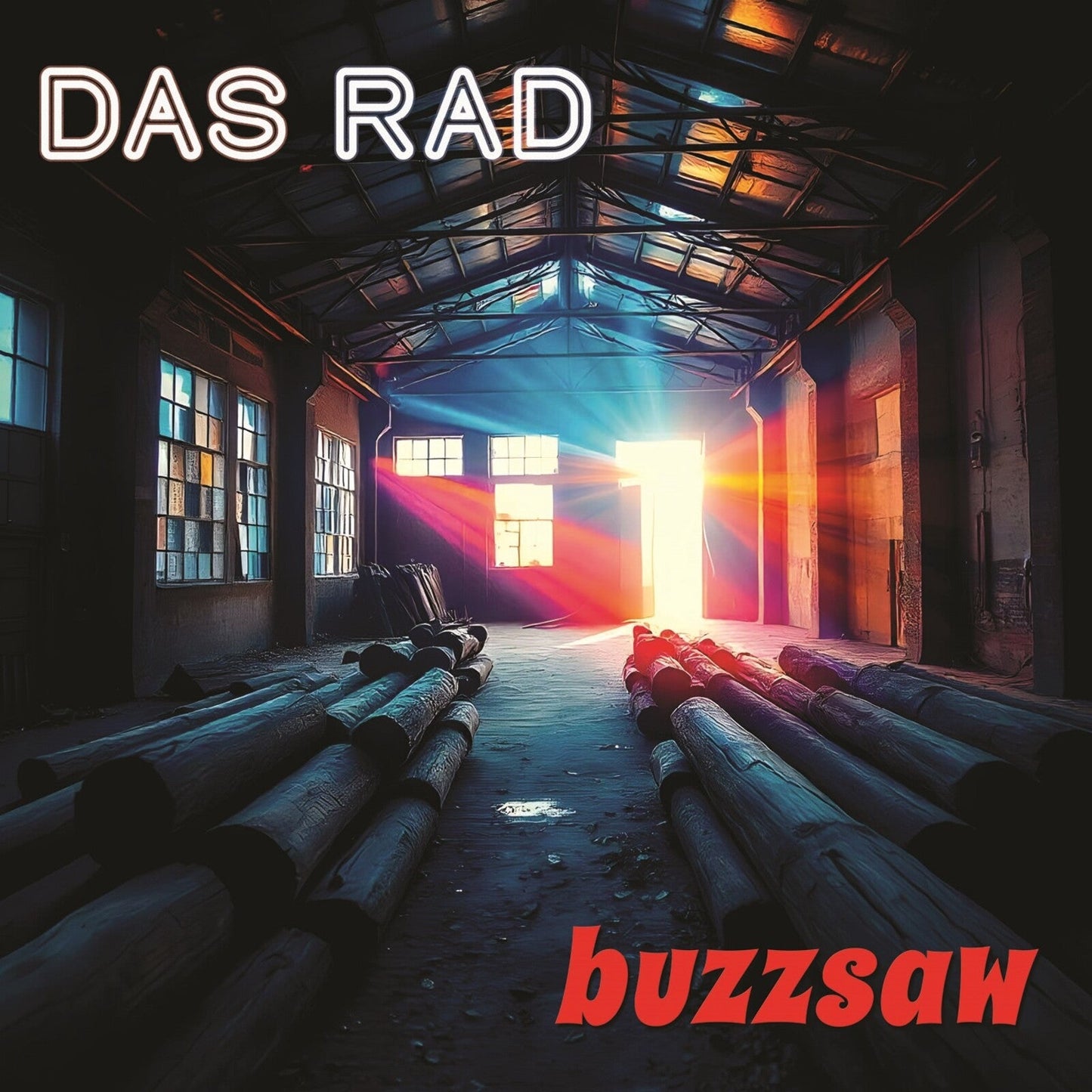 Album cover: interior of a warehouse with stacked logs and bright light.