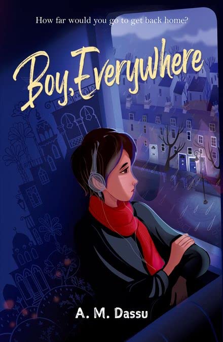 Book cover: boy with headphones looking out a rainy window.