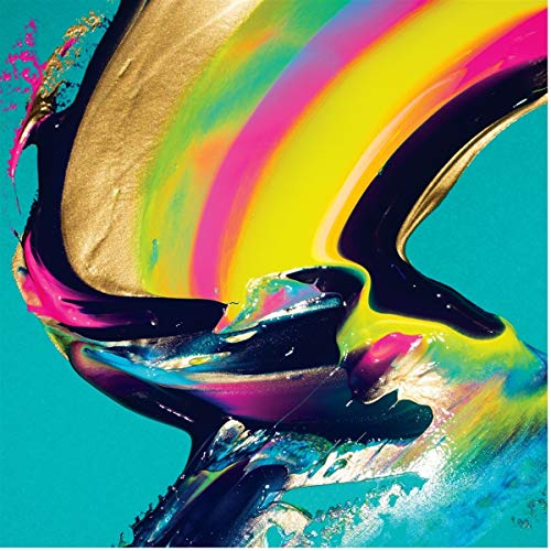 AbstractSHSC-shaped swirl of colorful metallic paint on a bright turquoise background.