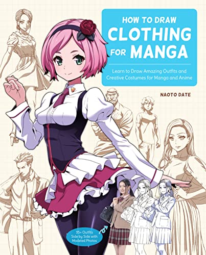 Book cover: “How to Draw Clothing for Manga” with anime illustrations.