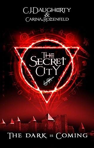 Book cover for "The Secret City" featuring red glowing symbols and a cityscape.