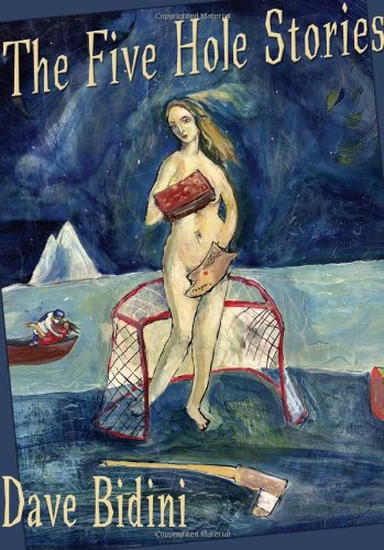 Book cover: nude woman with hockey net, boat, and mountains.