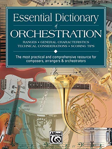 Book cover featuring musical instruments and sheet music, titled "Essential Dictionary of Orchestration.