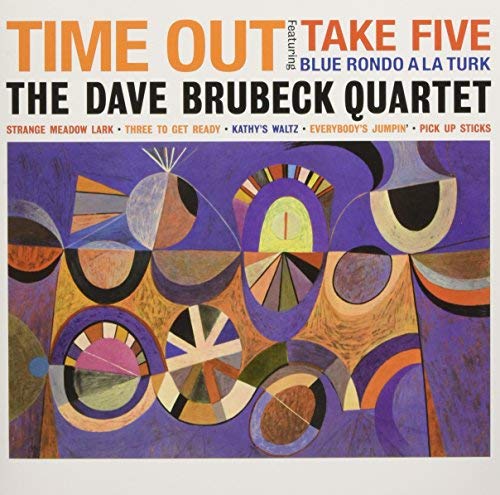 Album cover for Dave Brubeck Quartet’s “Time Out” with abstract purple artwork.