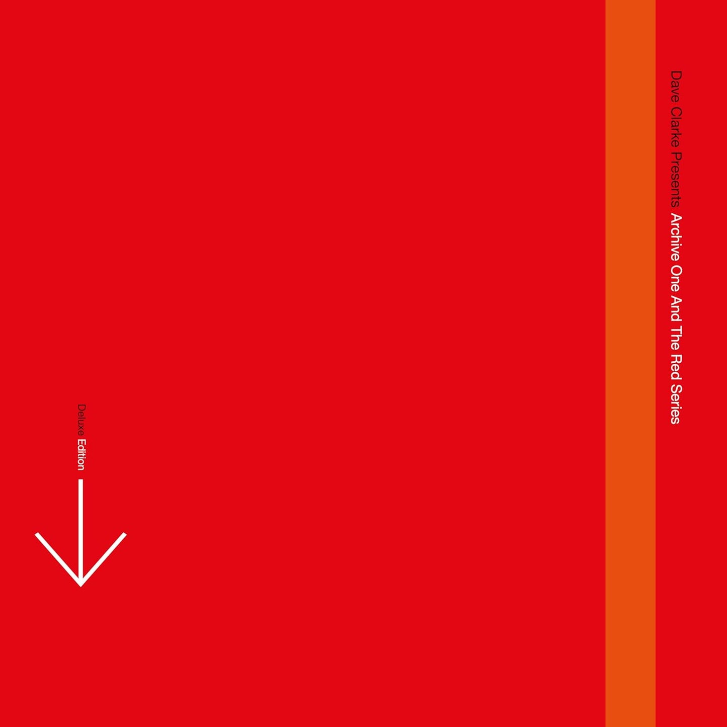 Red album cover for Dave Clarke’s “Archive One” with white arrow and text.