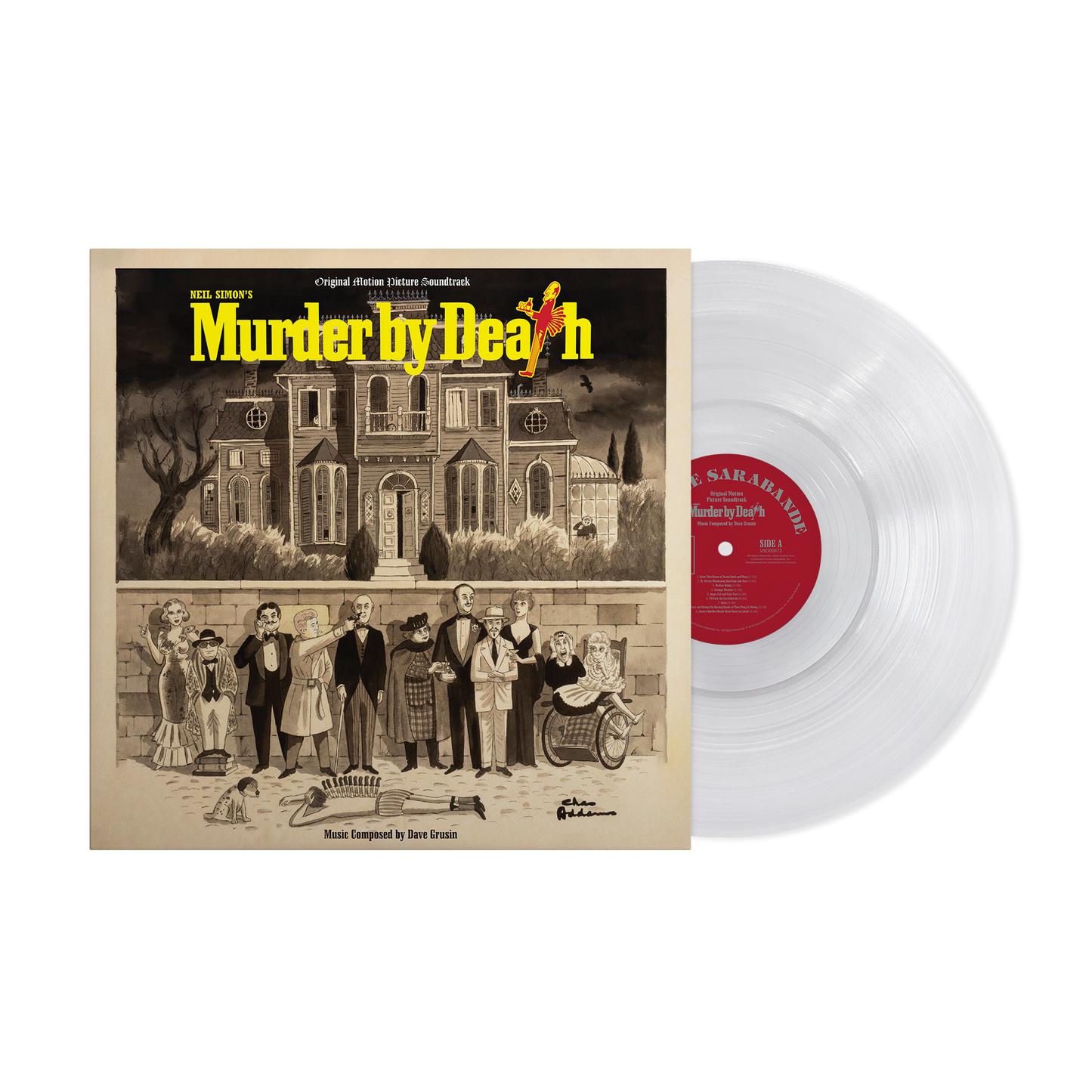 Vinyl record with a sepia-toned cover depicting a mansion and murder scene illustration.