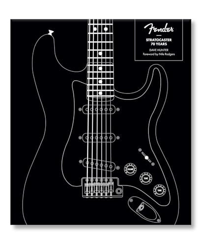White outline of a Fender Stratocaster guitar on a black book cover.
