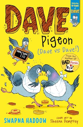 Three cartoon pigeons on a yellow background with the book title Dave Pigeon.