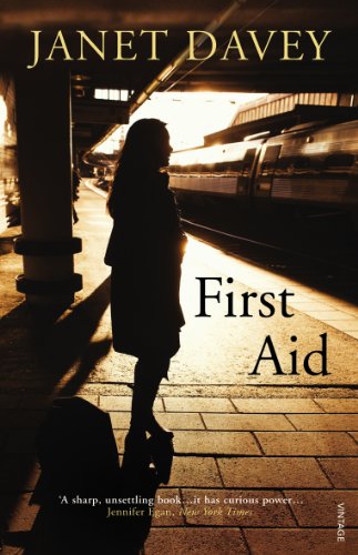 Book cover: "First Aid" by Janet Davey, silhouette of a woman at a station.