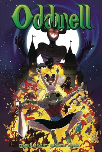 Comic book cover: a frog, a girl, and a looming shadowy figure.