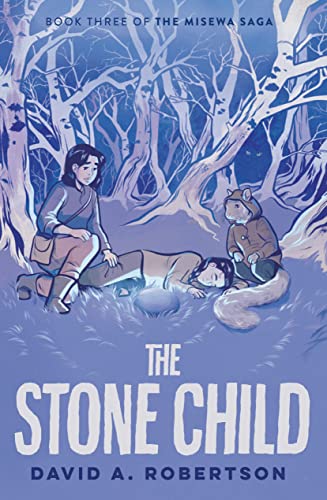 Book cover: girl, injured man, and animal figure in a snowy forest.