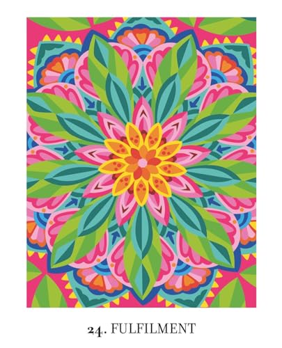 A colorful, symmetrical mandala design with floral patterns in pink, yellow, green, and blue.
