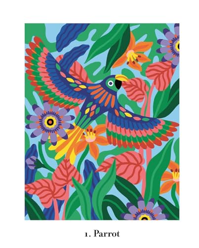 Colorful parrot flying through a lush tropical jungle with vibrant flowers and green leaves.