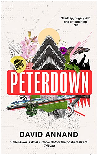 Book cover for "Peterdown" with collage of buildings, plants, and transport.