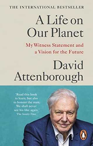 Book cover featuring David Attenborough’s portrait and title “A Life on Our Planet.”