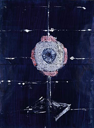 Abstract painting of an eye with radiating lines on dark blue background.