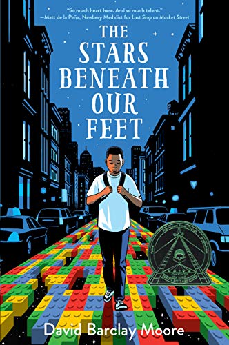 Book cover: boy walking a brick road through a city street.